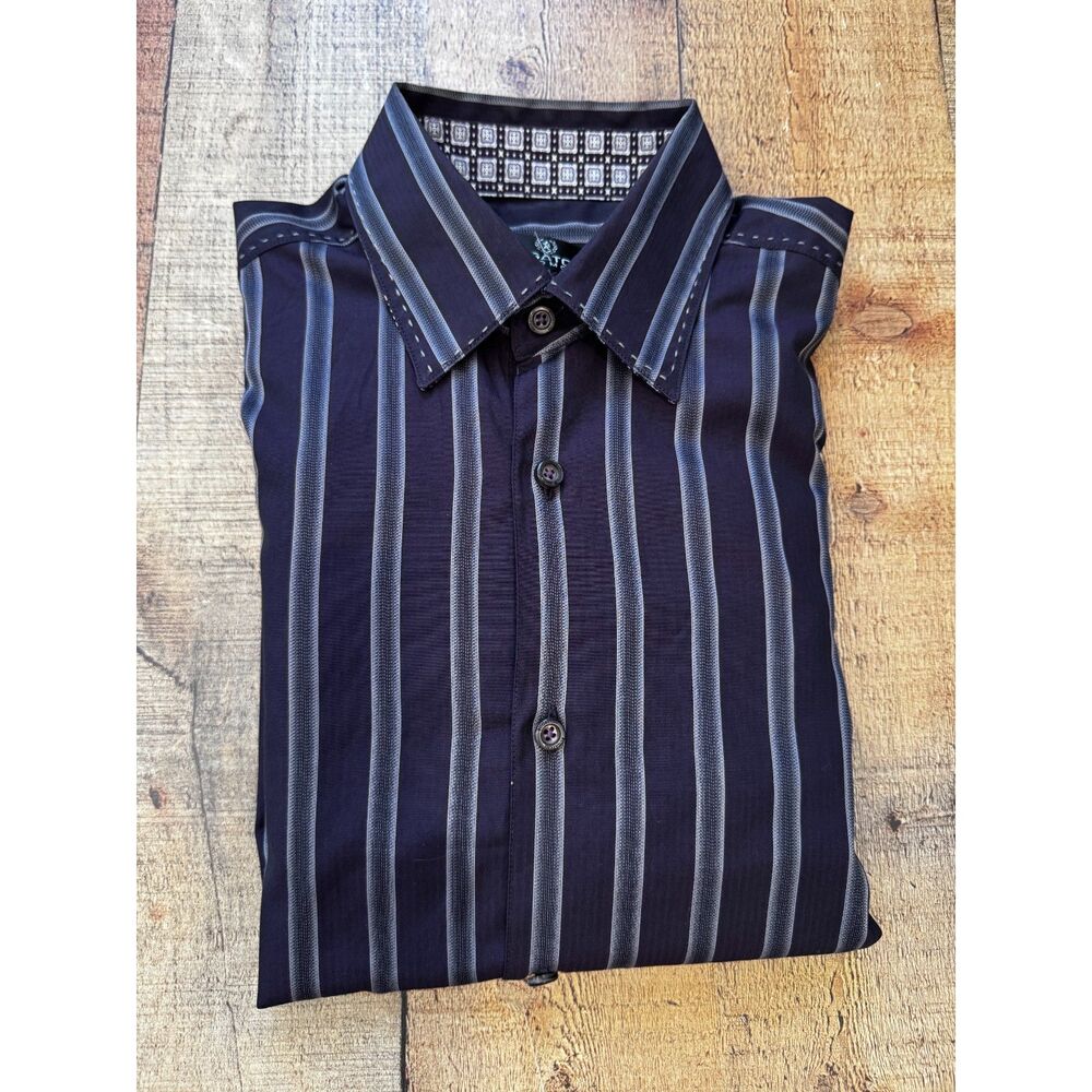Bugatchi Uomo Purple Striped Dress Shirt Plain Front Medium Cotton